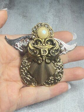 KSC Angel Brooch Mixed Metal Pearl Vintage OOAK Handmade 3 inches